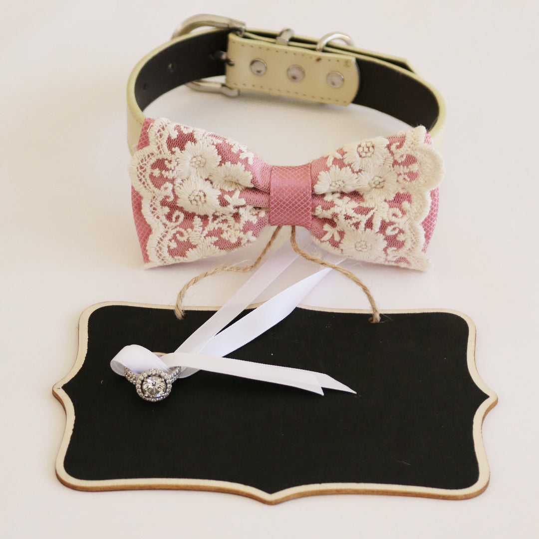Dusty rose ring bearer dog bow tie collar with floral lace embroidery, blush pink center band, adjustable vegan leather collar, and attached wedding ring holder ribbon with ring display board