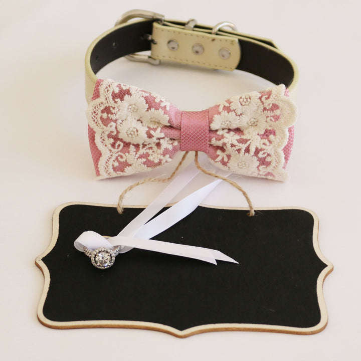 Dusty rose ring bearer dog bow tie collar with floral lace embroidery, blush pink center band, adjustable vegan leather collar, and attached wedding ring holder ribbon with ring display board