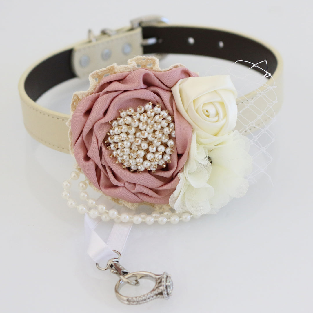 Dusty rose and ivory ring bearer dog collar with handcrafted flowers, pearl accents, decorative veil detail, and removable ring holder ribbon.