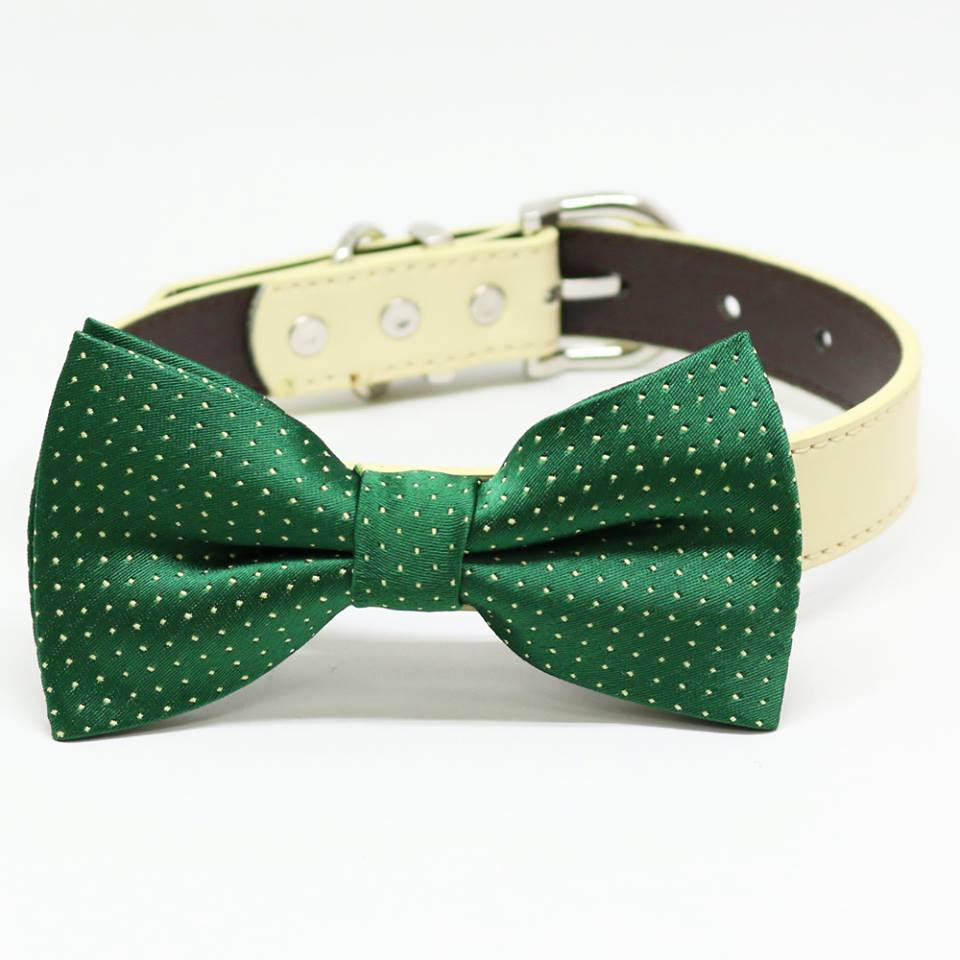 Emerald green dog bow tie collar with classic micro dot pattern, cream vegan leather collar, and silver-tone hardware