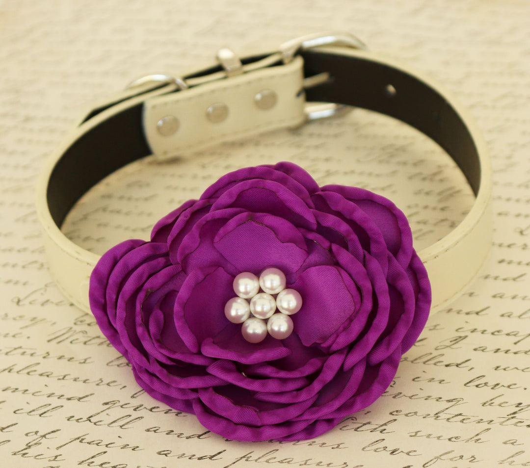 Fuchsia floral dog collar featuring oversized handmade flower with pearl center and ivory vegan leather collar