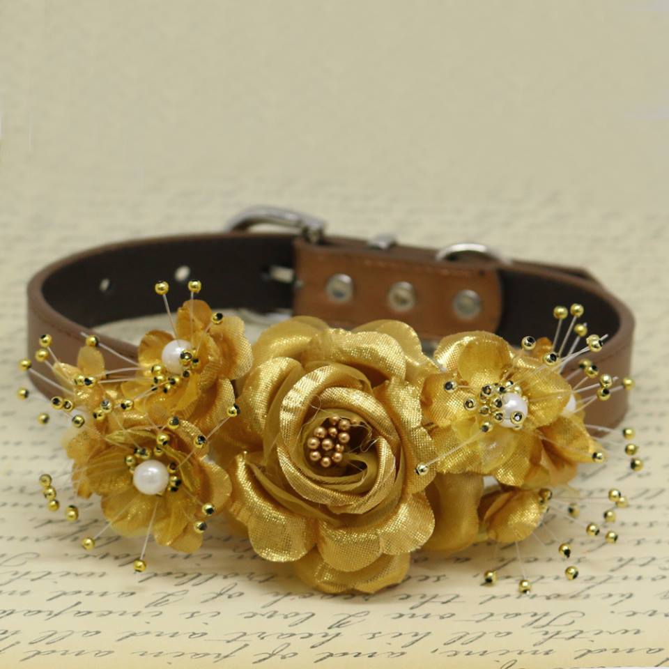 Handmade gold floral dog collar with satin flowers, pearl embellishments, and decorative bead accents for special occasions.