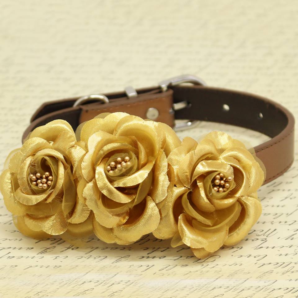 Gold floral dog collar featuring three handcrafted satin roses with decorative bead centers and adjustable collar design.