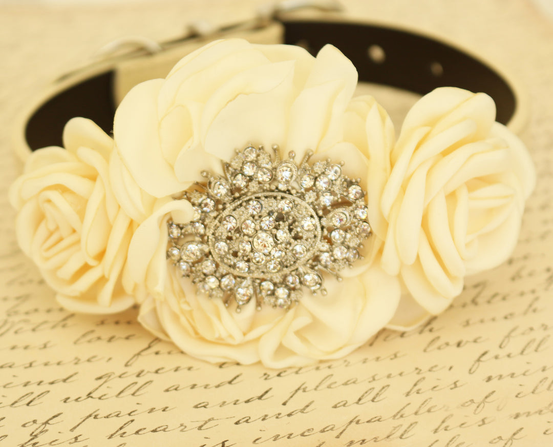 Ivory floral dog collar with handcrafted rose flowers and vintage crystal brooch centerpiece on a vegan leather collar.