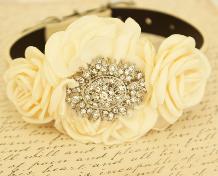 Ivory floral dog collar with handcrafted rose flowers and vintage crystal brooch centerpiece on a vegan leather collar.