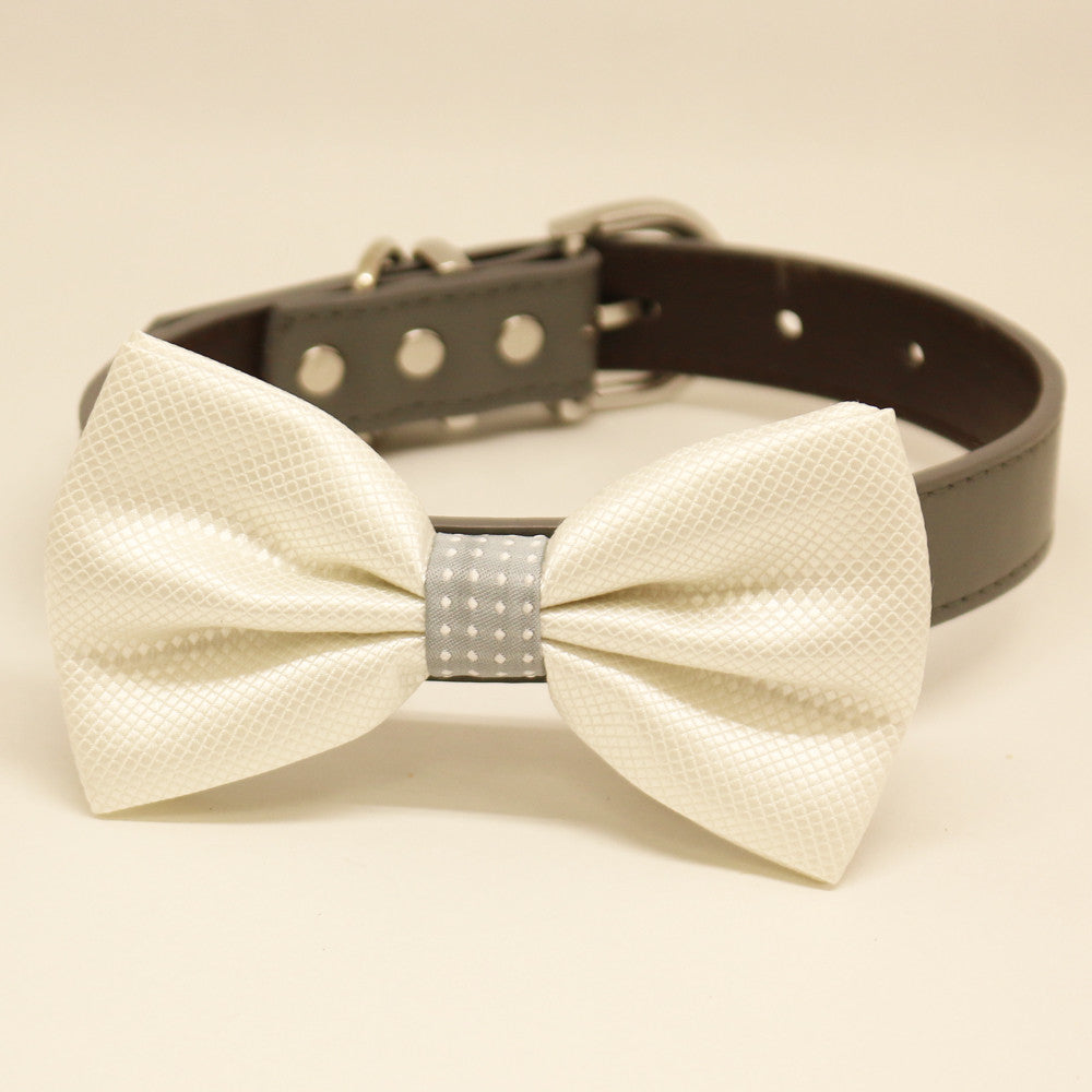 Ivory white dog bow tie collar with textured satin bow tie, gray polka dot center accent, and dark vegan leather collar