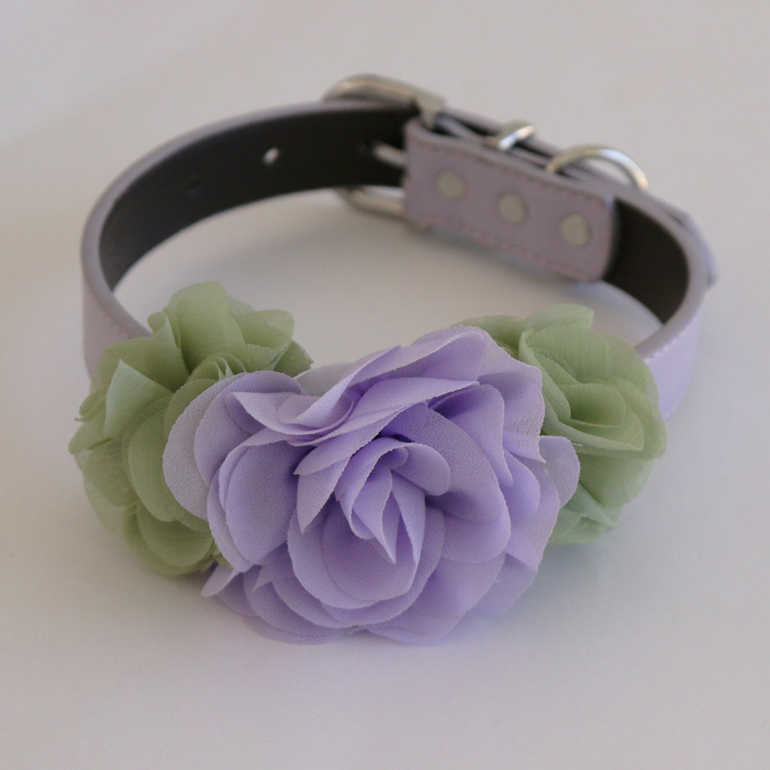 Lilac and sage green flower dog collar with layered chiffon floral accents and pastel vegan leather collar.
