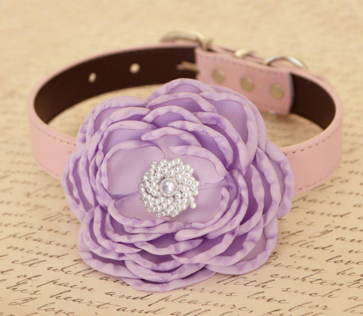 Lilac flower dog collar with pearl center embellishment and matching pastel vegan leather collar.