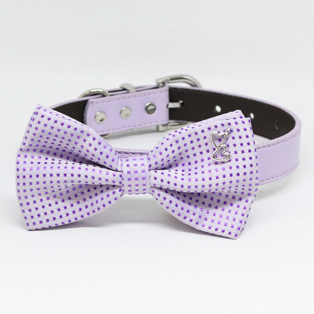 Lilac dog bow tie with purple polka dot pattern, silver heart charm, and matching vegan leather collar