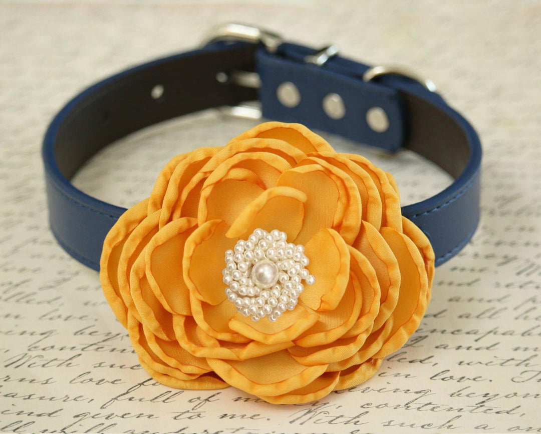 Marigold yellow flower dog collar with pearl center accent and navy vegan leather collar.