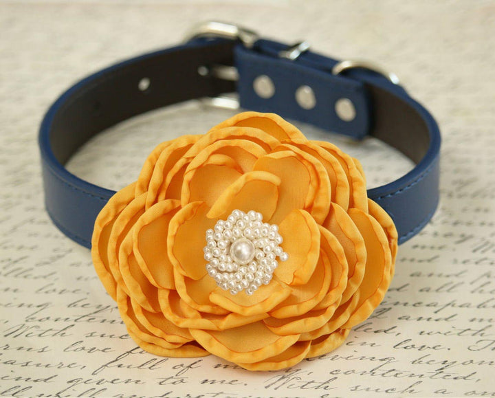 Marigold yellow flower dog collar with pearl center accent and navy vegan leather collar.