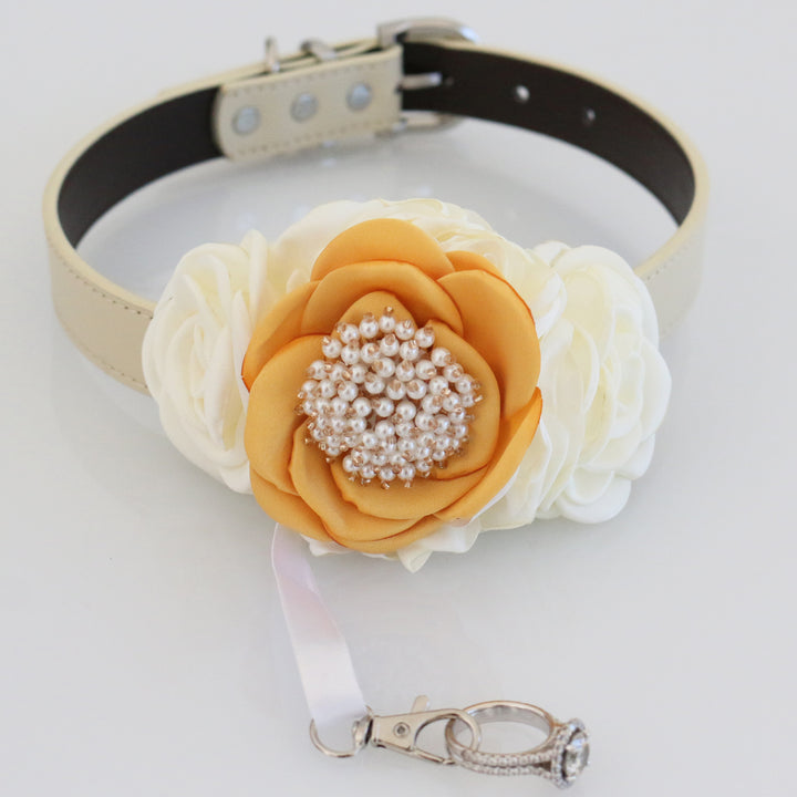 Marigold flower ring bearer dog collar with ivory floral accents and jeweled ring holder attachment.