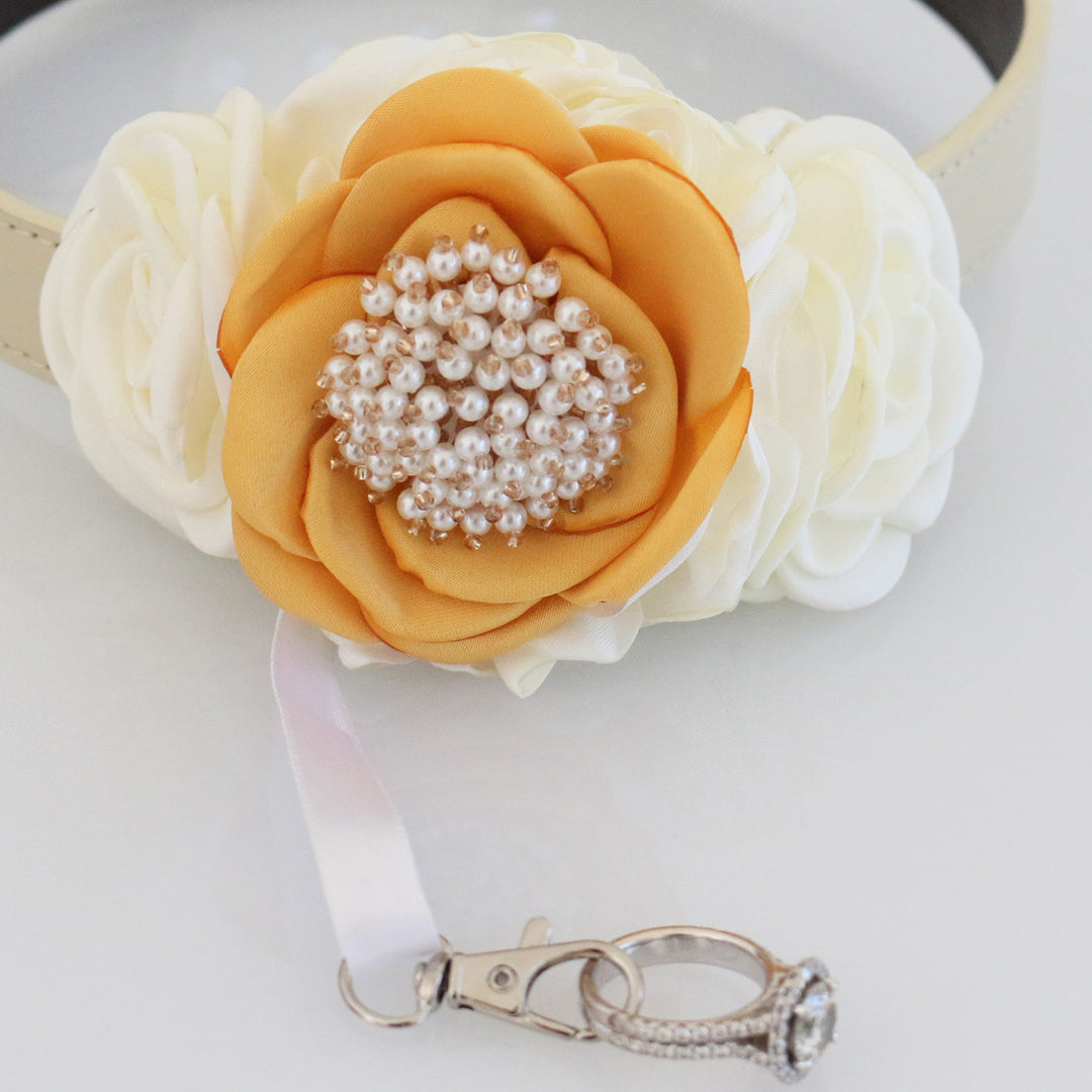 Marigold and ivory floral ring bearer dog collar with pearl center accent and decorative ring holder.