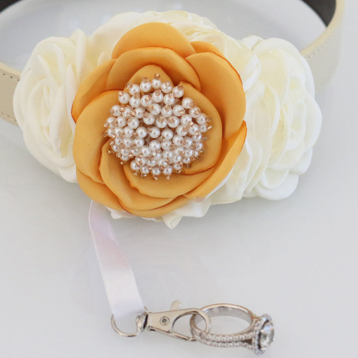 Marigold and ivory floral ring bearer dog collar with pearl center accent and decorative ring holder.