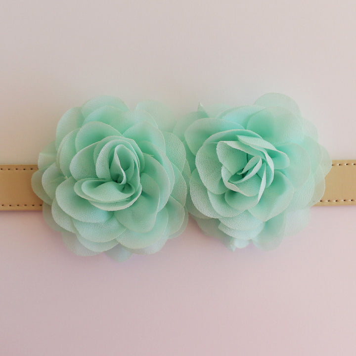 Mint green double flower dog collar with soft chiffon roses on an adjustable vegan leather collar.