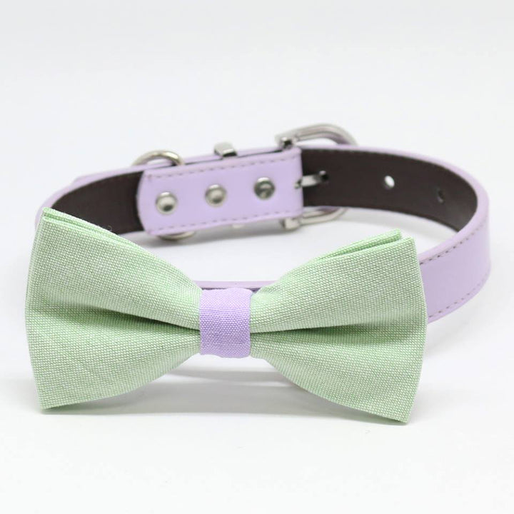 Mint fabric dog bow tie attached to a lavender vegan leather collar with silver-tone hardware