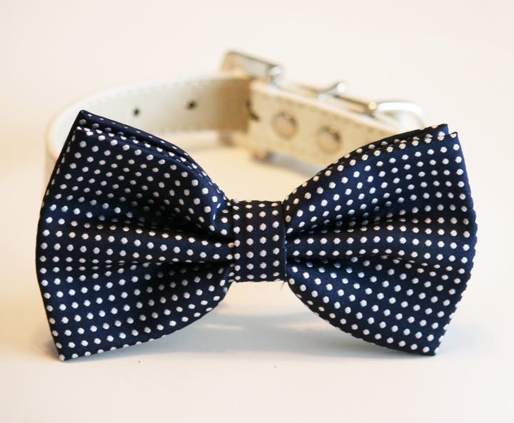 Navy blue polka dot dog bow tie collar with ivory vegan leather collar