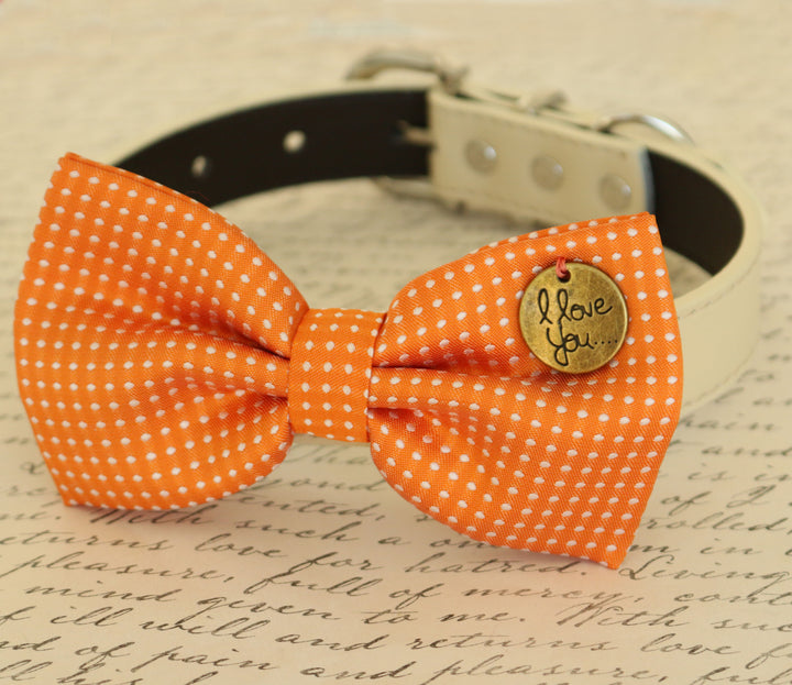 Orange polka dot dog bow tie collar with antique bronze I Love You charm and white collar background