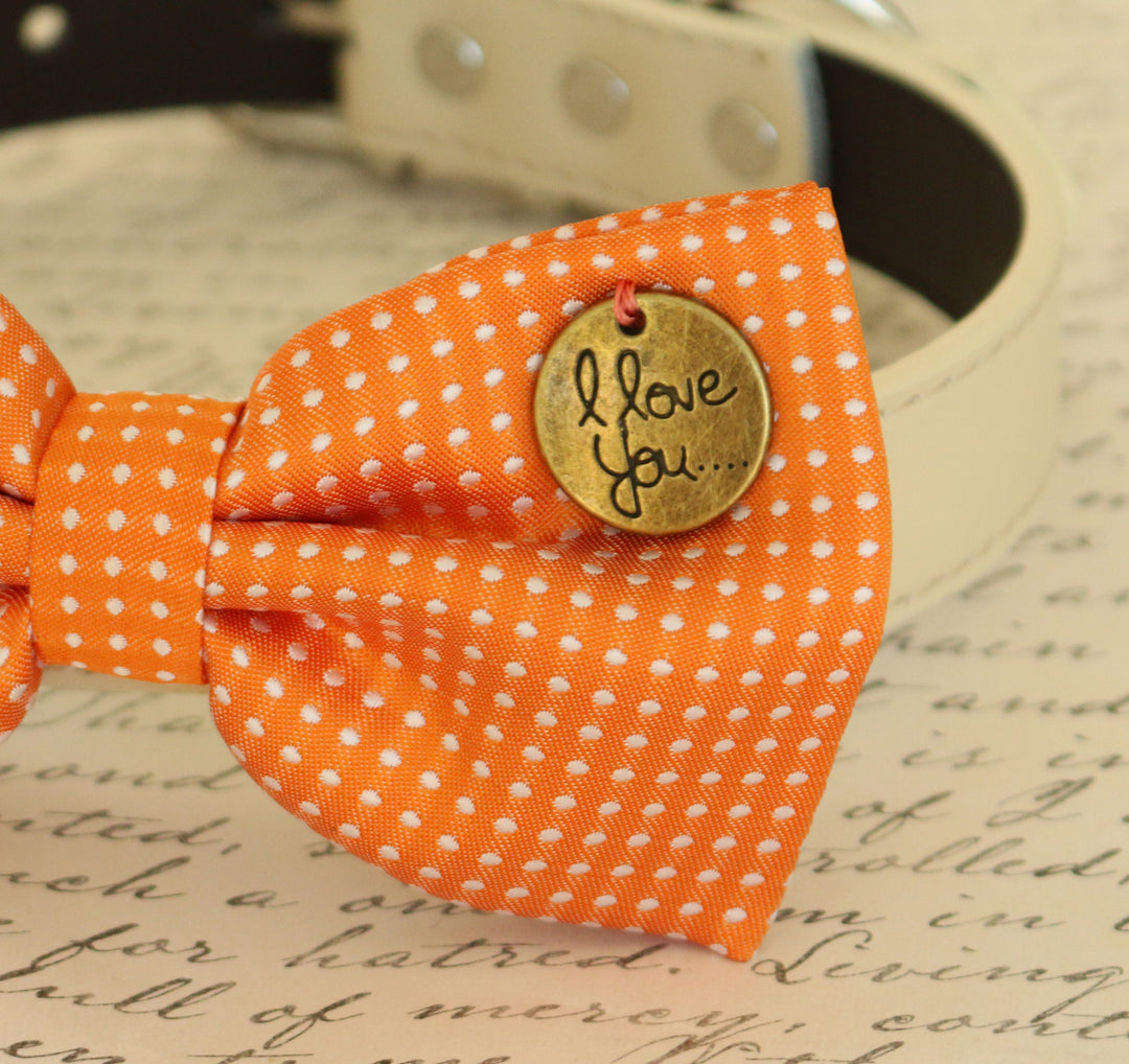 Close-up of orange polka dot dog bow tie with antique bronze I Love You charm attached