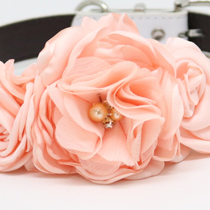Close-up of peach floral dog collar featuring layered fabric roses, pearl accents, and handmade flower details