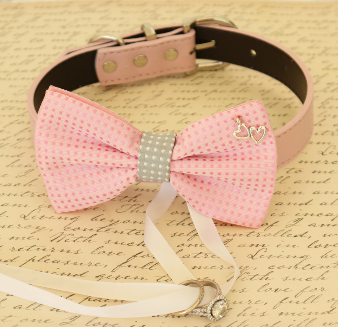 Pink polka dot ring bearer dog bow tie collar with silver heart charm and ribbon ring holder.