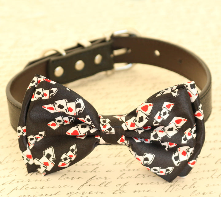 Dog bow tie collar with a black playing card print bow tie and brown vegan leather collar with silver-tone hardware