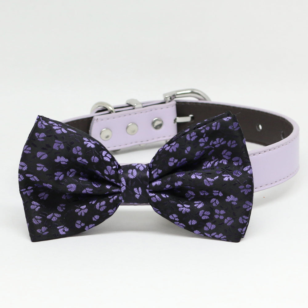 Purple paw print dog bow tie collar with lavender vegan leather collar and silver-tone hardware