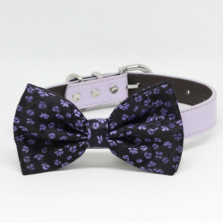 Purple paw print dog bow tie collar with lavender vegan leather collar and silver-tone hardware