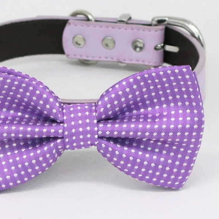 Close-up view of a purple polka dot dog bow tie with lilac vegan leather collar.