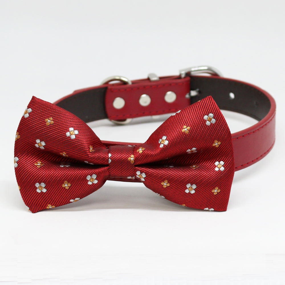 Red micro floral pattern dog bow tie attached to a red vegan leather dog collar.