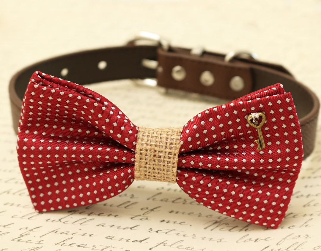 Red polka dot dog bow tie collar with decorative key charm and burlap center detail.