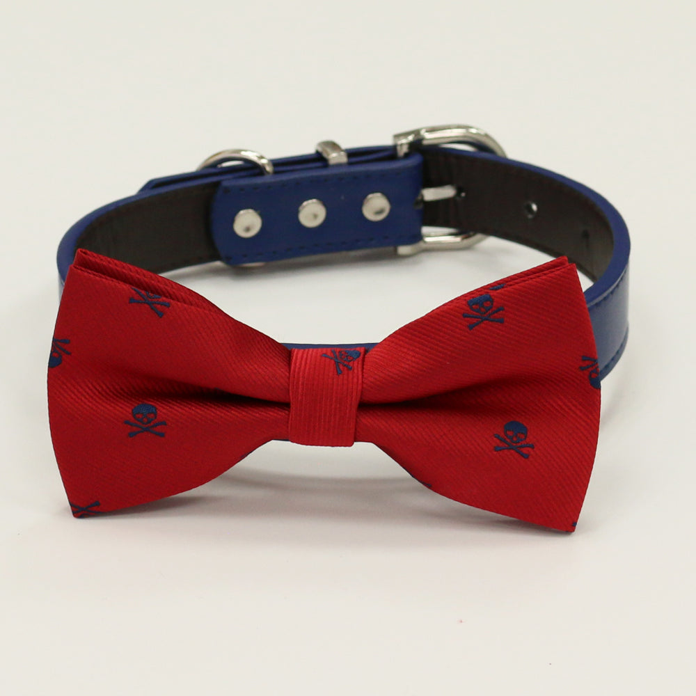 Red dog bow tie collar featuring a repeating skull pattern and blue vegan leather collar.