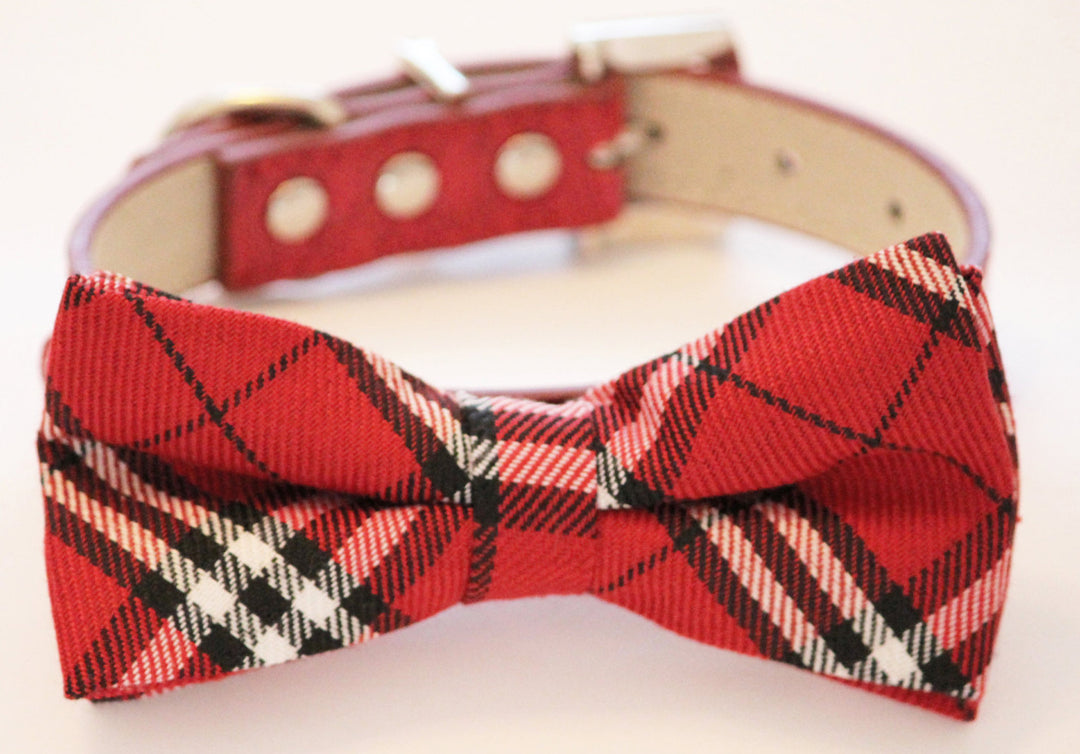 Red tartan plaid dog bow tie attached to a matching red vegan leather dog collar.