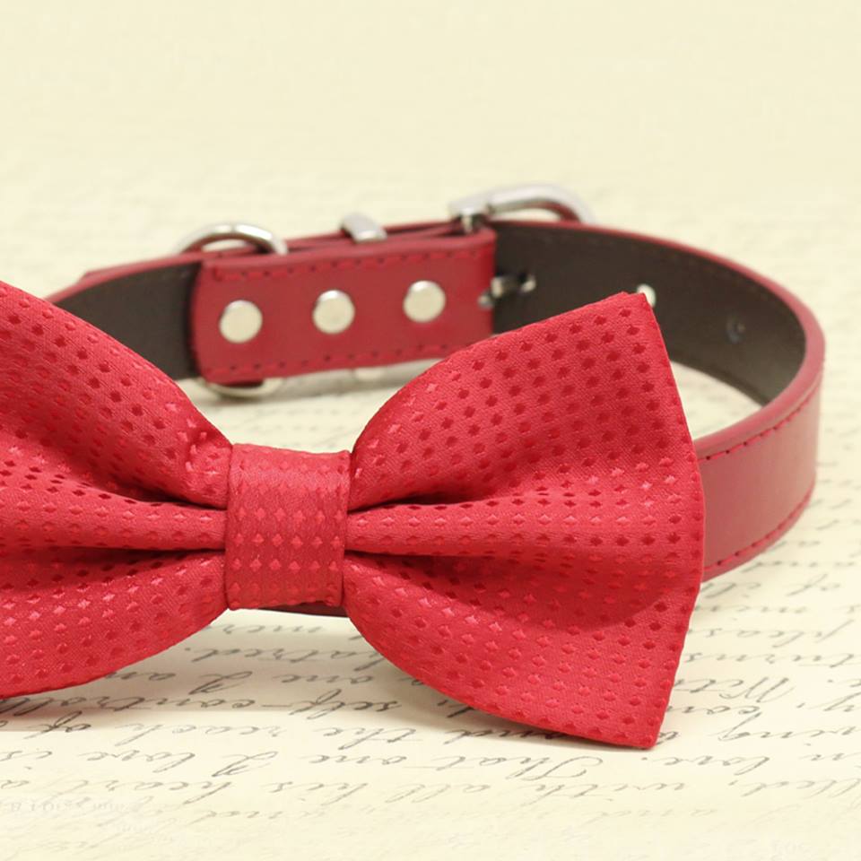 Close-up of red textured dog bow tie with subtle dot pattern and vegan leather collar.