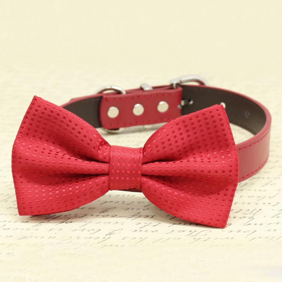 Red textured dog bow tie collar with subtle dot pattern and red vegan leather collar.