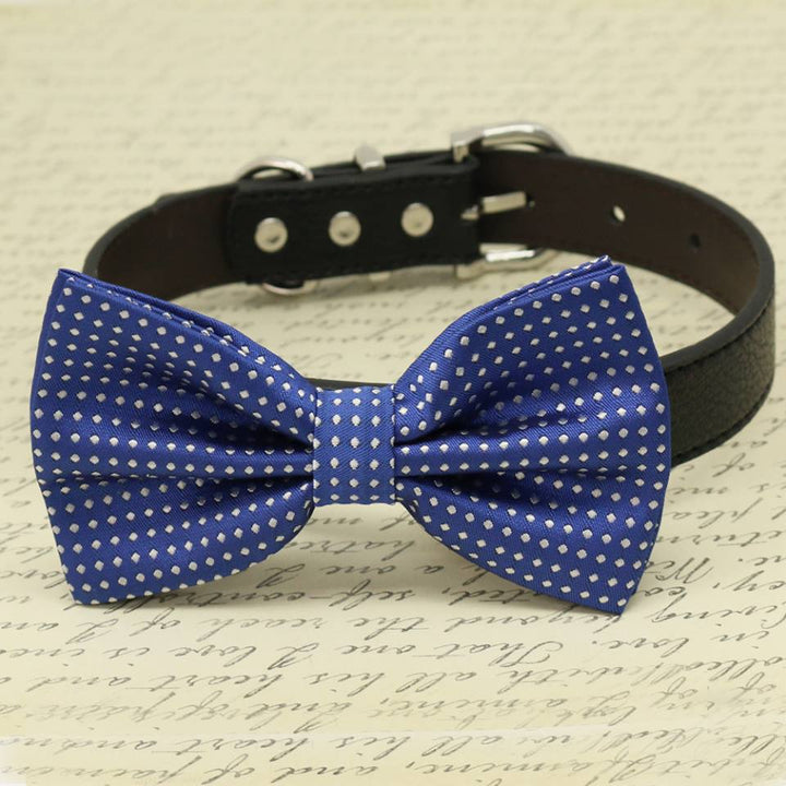 Royal blue and white polka dot dog bow tie collar with adjustable black vegan leather strap.