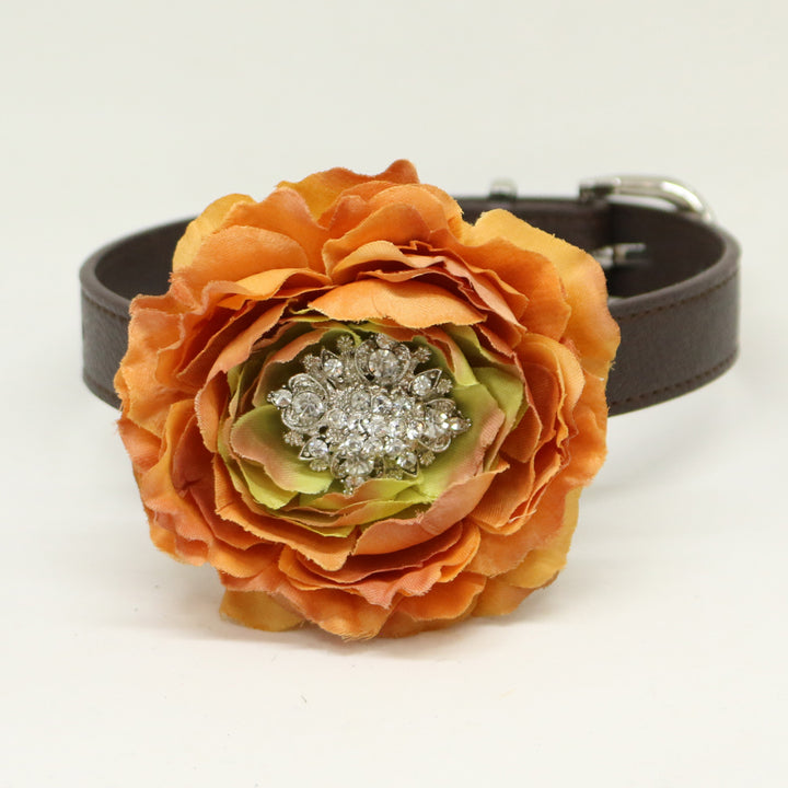Rust orange floral dog collar with crystal centerpiece and brown vegan leather collar for weddings and special occasions