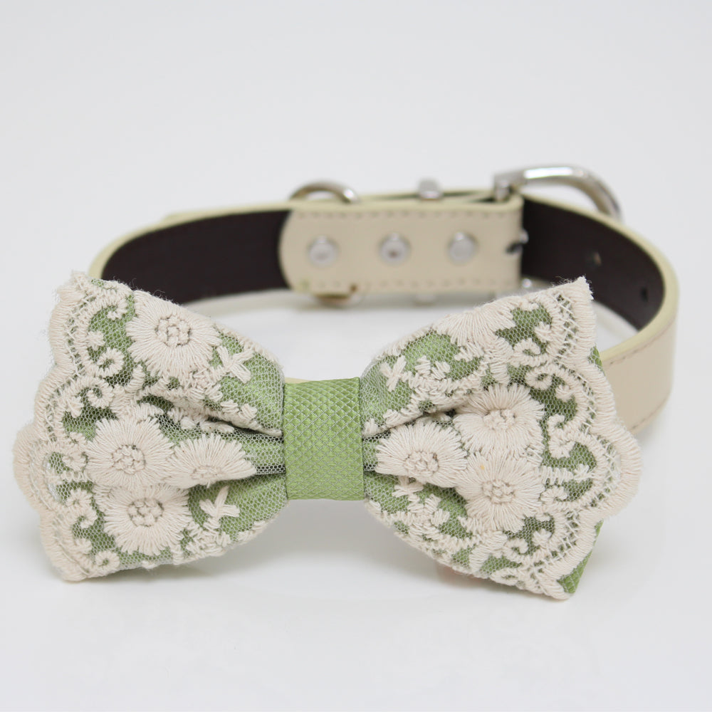 Sage green floral lace dog bow tie collar with ivory vegan leather collar, embroidered floral details, and elegant handmade design