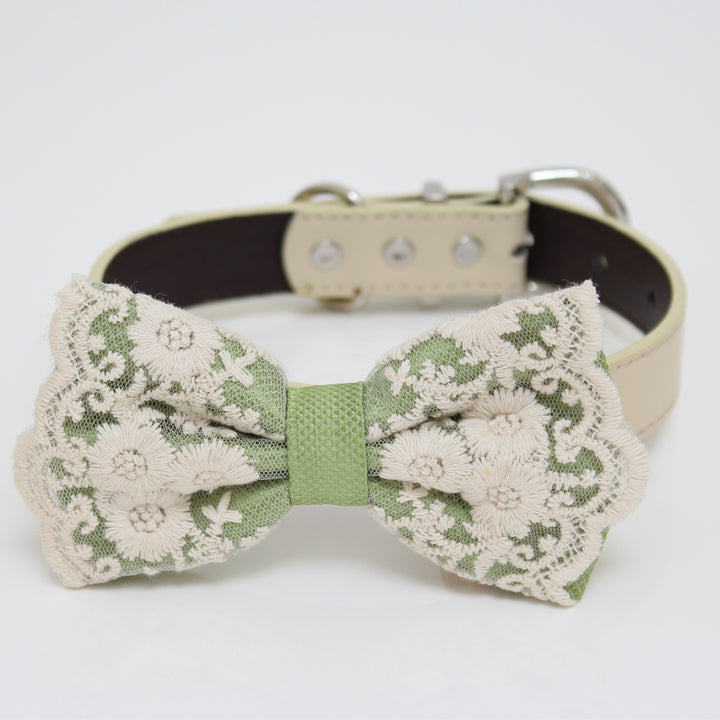 Sage green floral lace dog bow tie collar with ivory vegan leather collar, embroidered floral details, and elegant handmade design