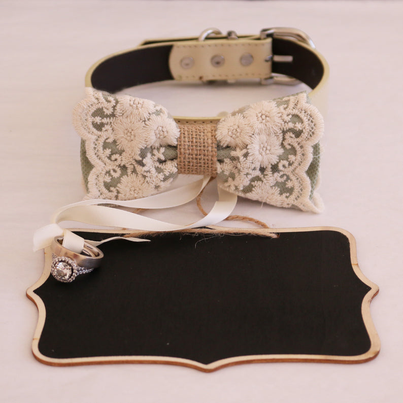 Sage green ring bearer dog bow tie collar with floral embroidered lace, attached wedding ring holder ribbon, engagement ring, and wedding display board ready for ceremony use