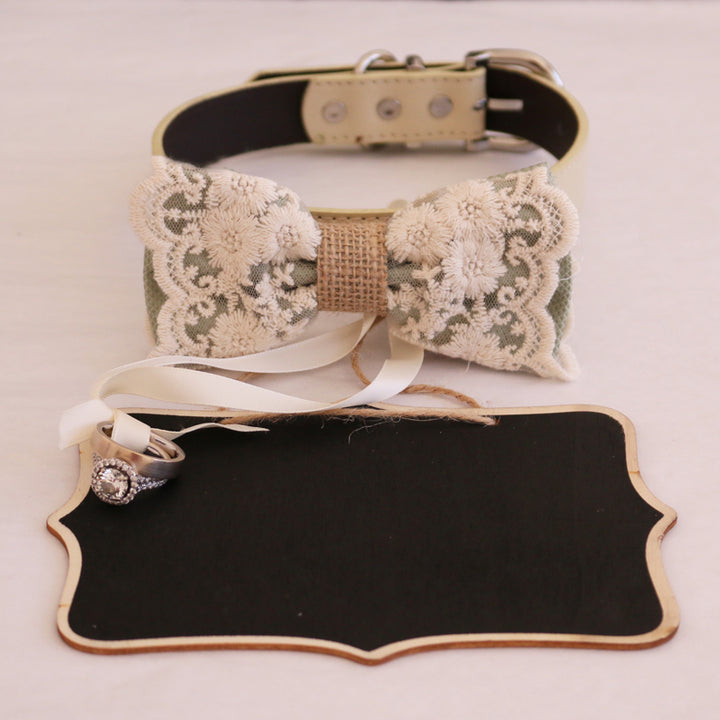Sage green ring bearer dog bow tie collar with floral embroidered lace, attached wedding ring holder ribbon, engagement ring, and wedding display board ready for ceremony use