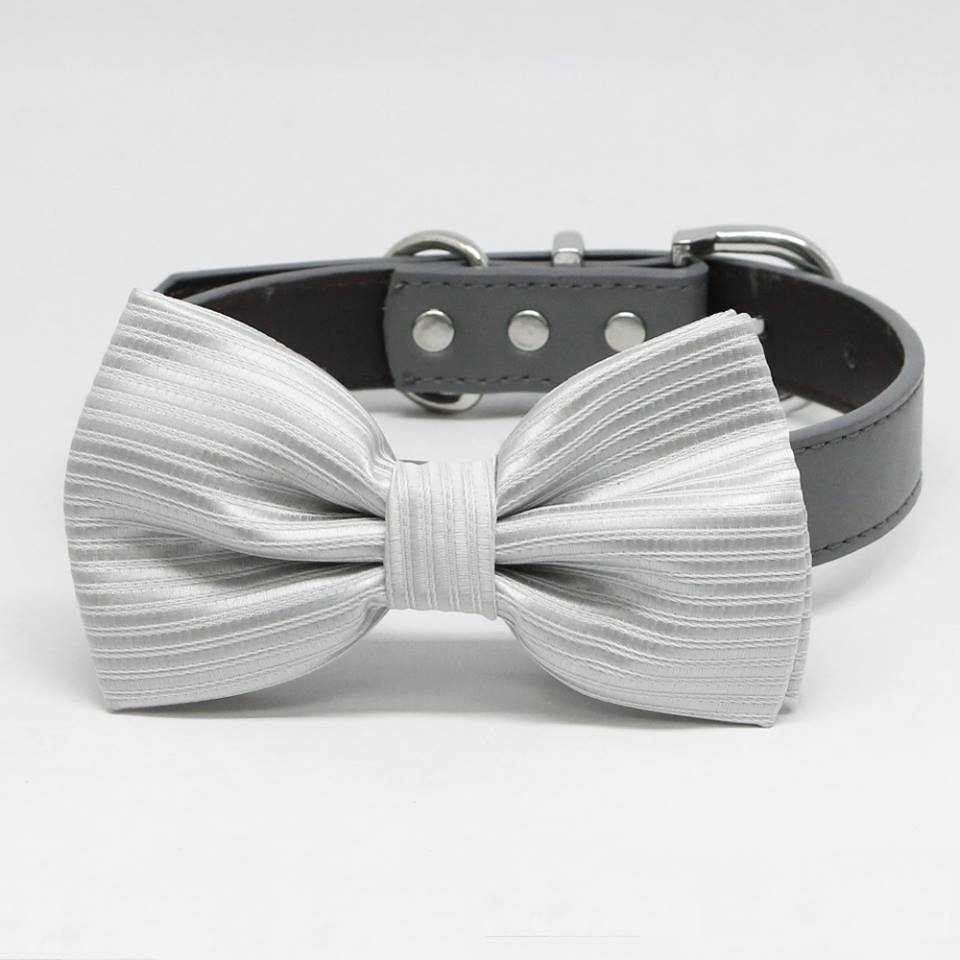 Silver striped satin dog bow tie collar with black vegan leather collar and silver-tone hardware.