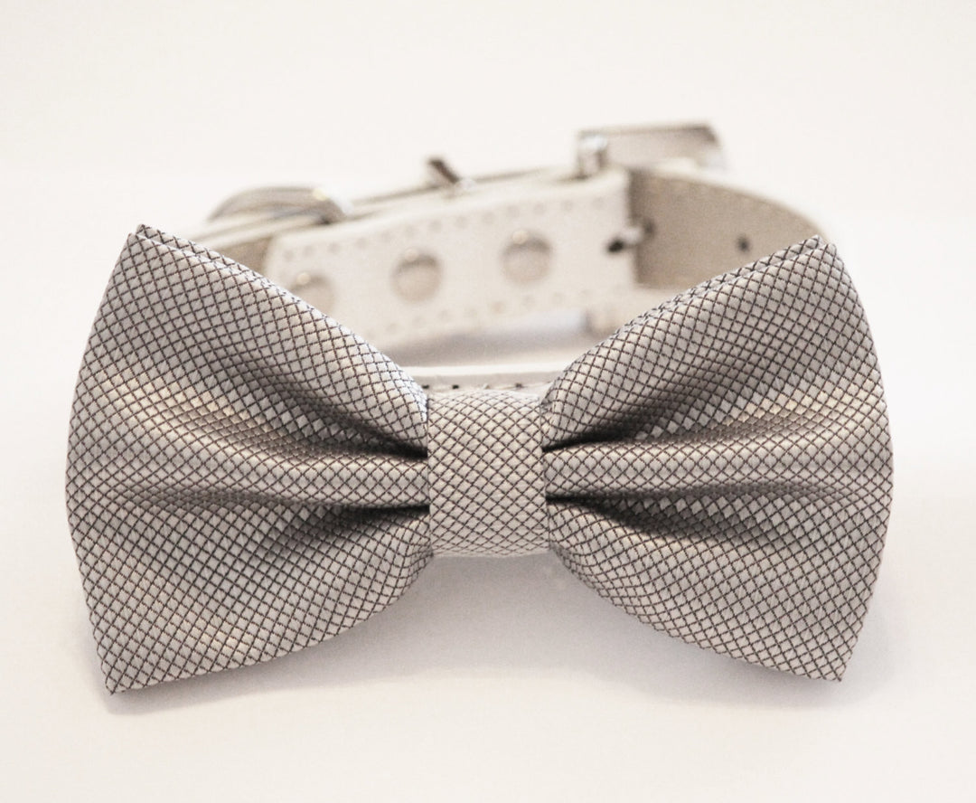 Silver textured satin ring bearer dog bow tie with woven diamond pattern and matching collar.
