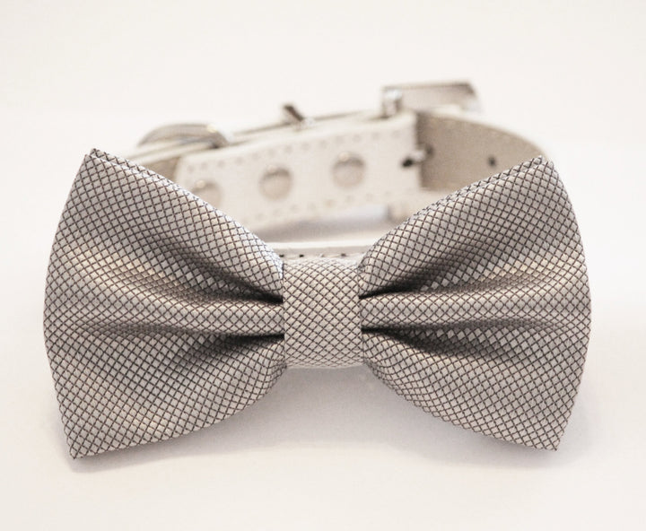 Silver textured satin ring bearer dog bow tie with woven diamond pattern and matching collar.