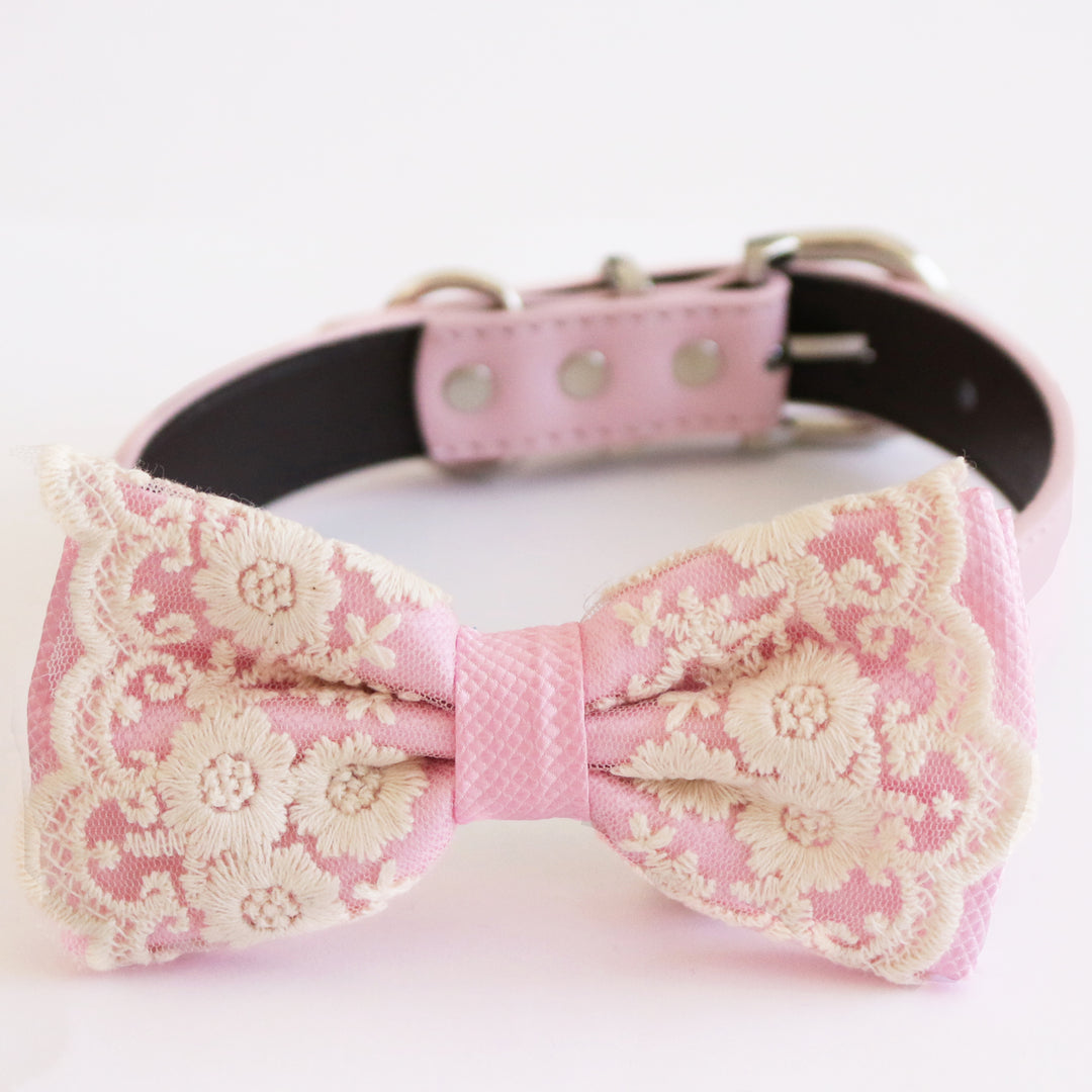 Soft pink floral lace dog bow tie collar with embroidered lace overlay, pink vegan leather collar, adjustable buckle, and elegant handmade design