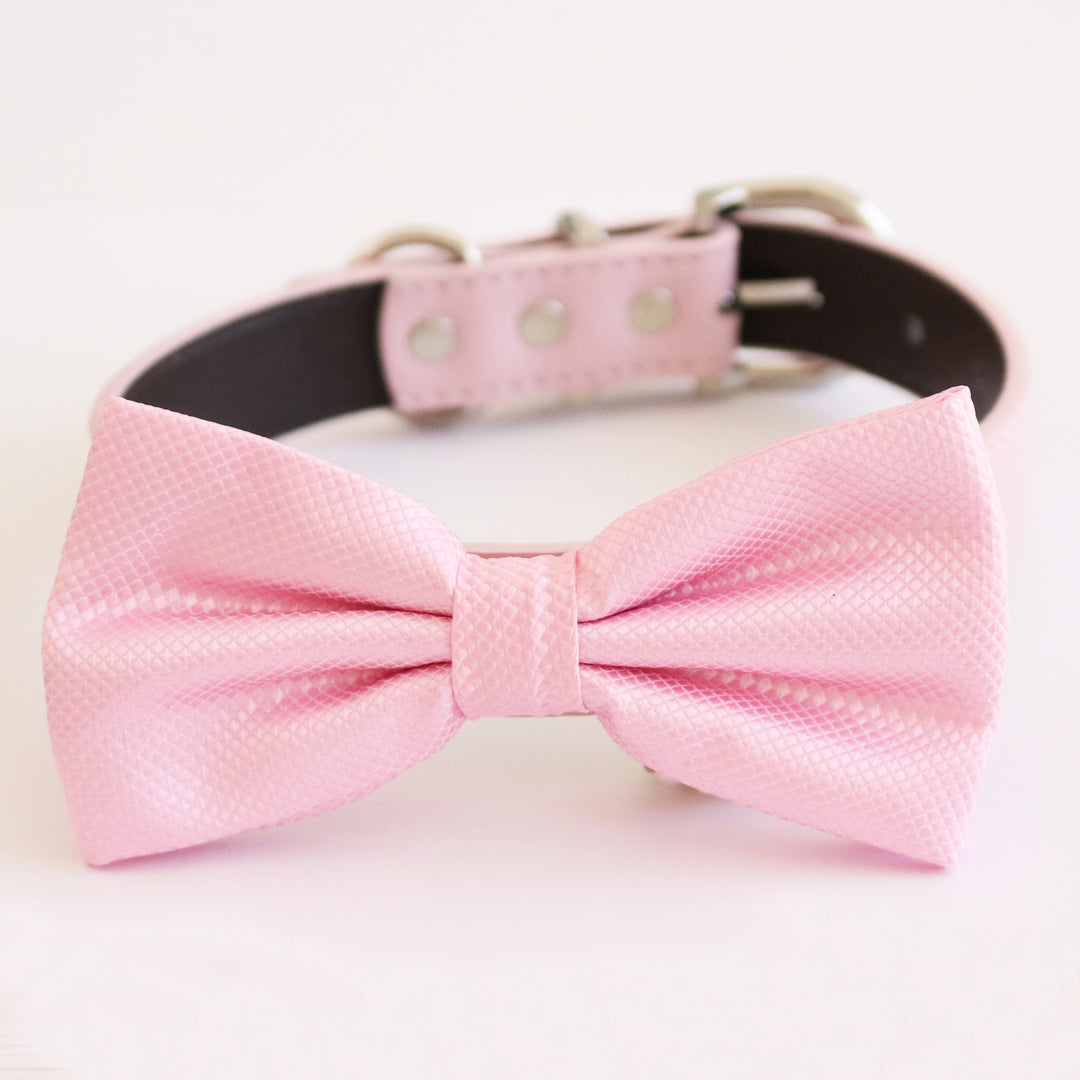 Soft pink textured satin dog bow tie attached to an adjustable collar.