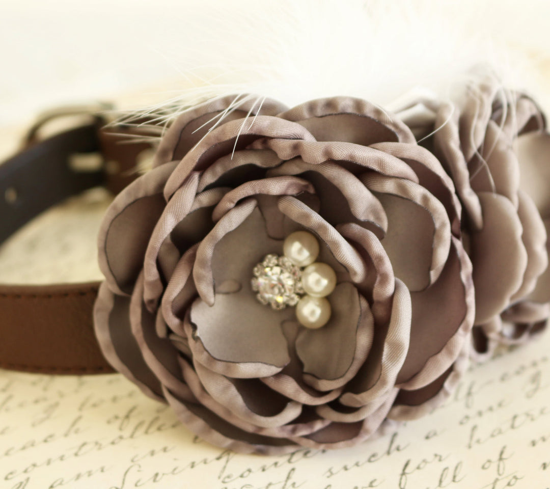 Taupe floral dog collar with handcrafted fabric flower, pearl and crystal center accent, and brown vegan leather collar