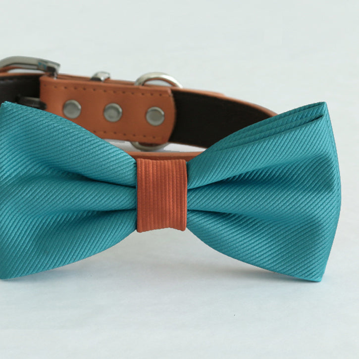 Close-up of a teal blue satin dog bow tie with cinnamon center accent and matching collar.