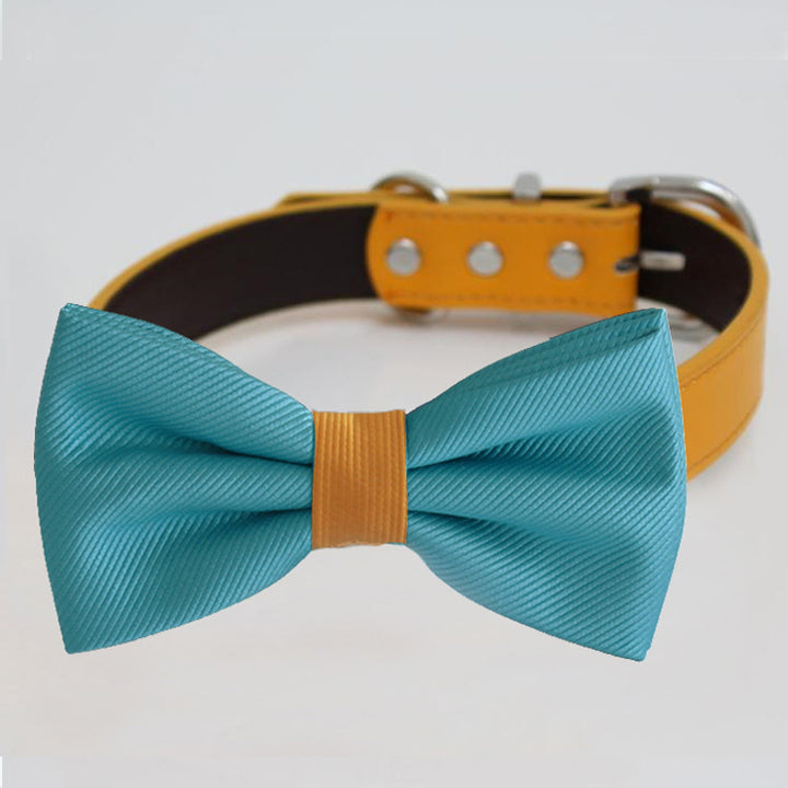 Turquoise blue dog bow tie collar featuring a yellow center band and yellow vegan leather collar.
