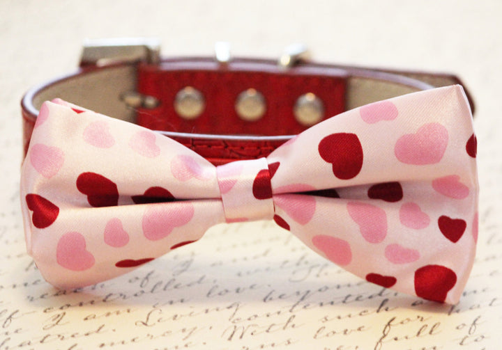 Pink dog bow tie with red and pink heart pattern attached to a red vegan leather collar.